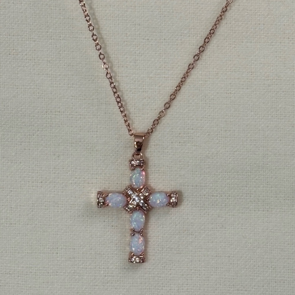 NEW Opal Cross 18k Rose Gold Necklace